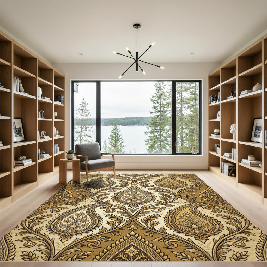 Gold Paisley Floral Damask Rug