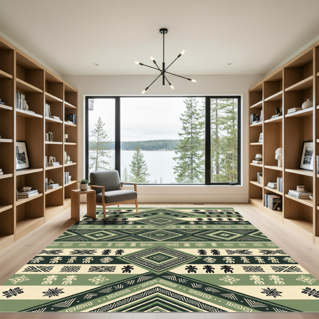 Olive Green Geometric Tribal Diamond Rug