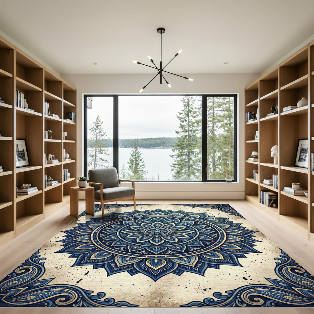 Intricate Navy Blue Lotus Mandala Rug