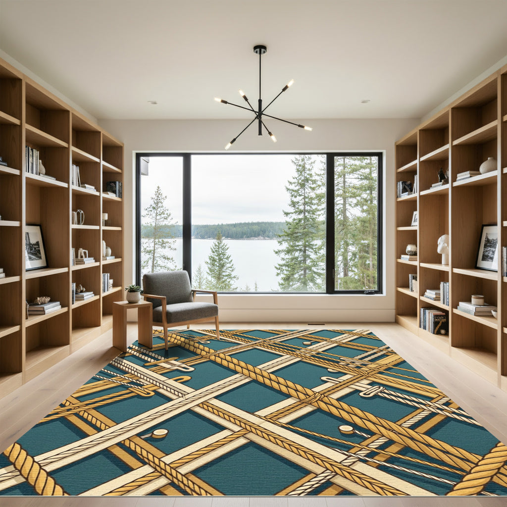 Golden Nautical Rope Geometric Rug