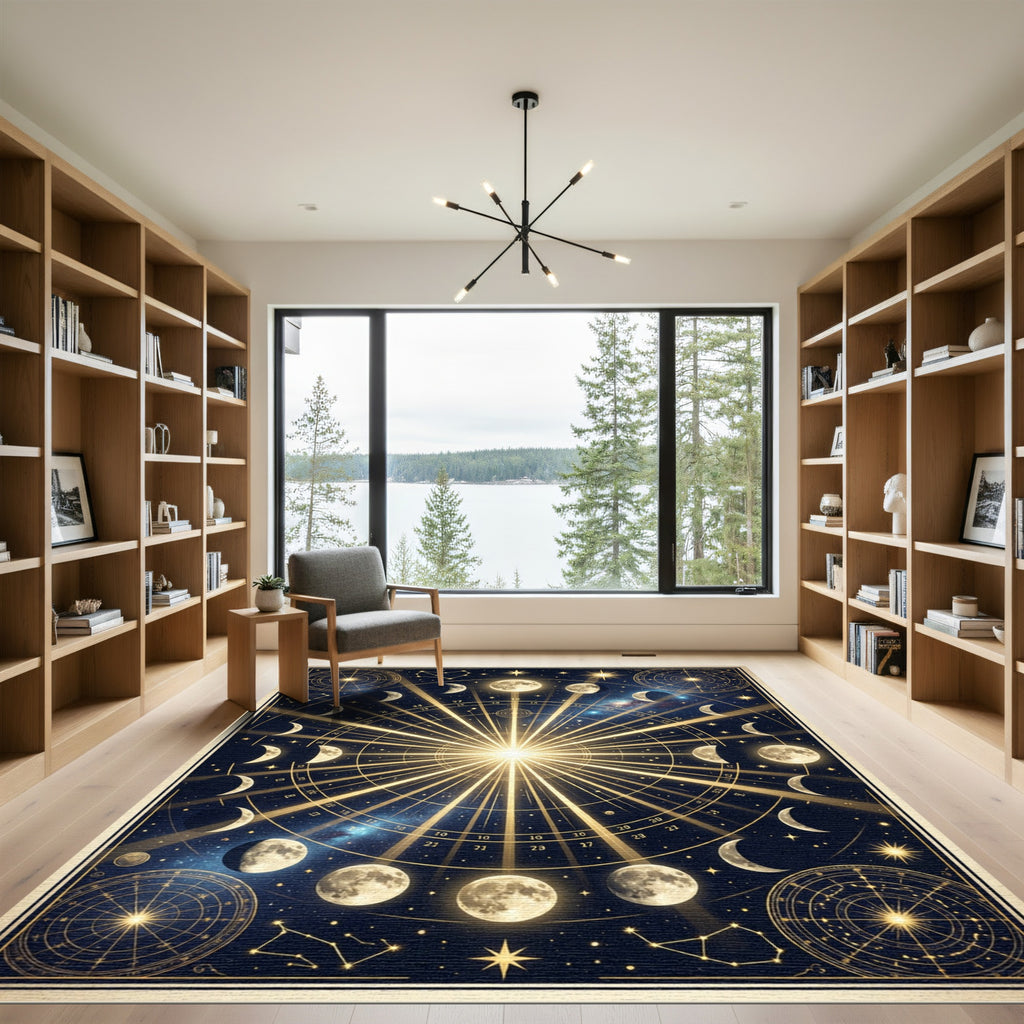 Celestial Gold Moon Phase Starry Night Rug