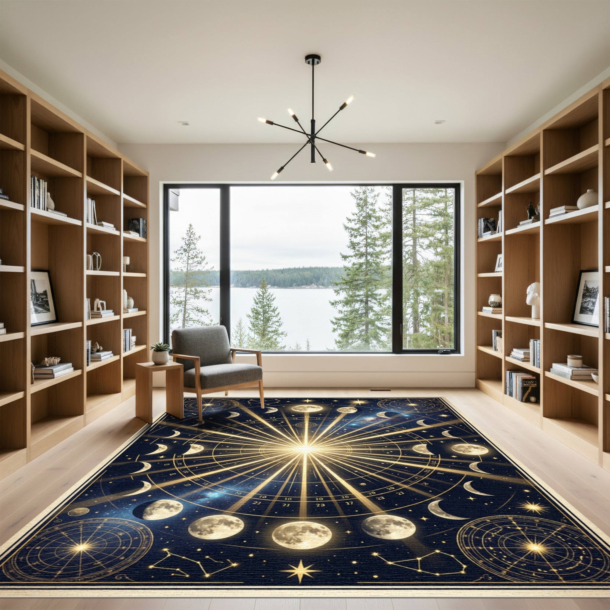 Celestial Gold Moon Phase Starry Night Rug