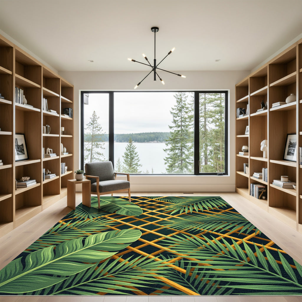 Lush Golden Grid Tropical Leaves Rug