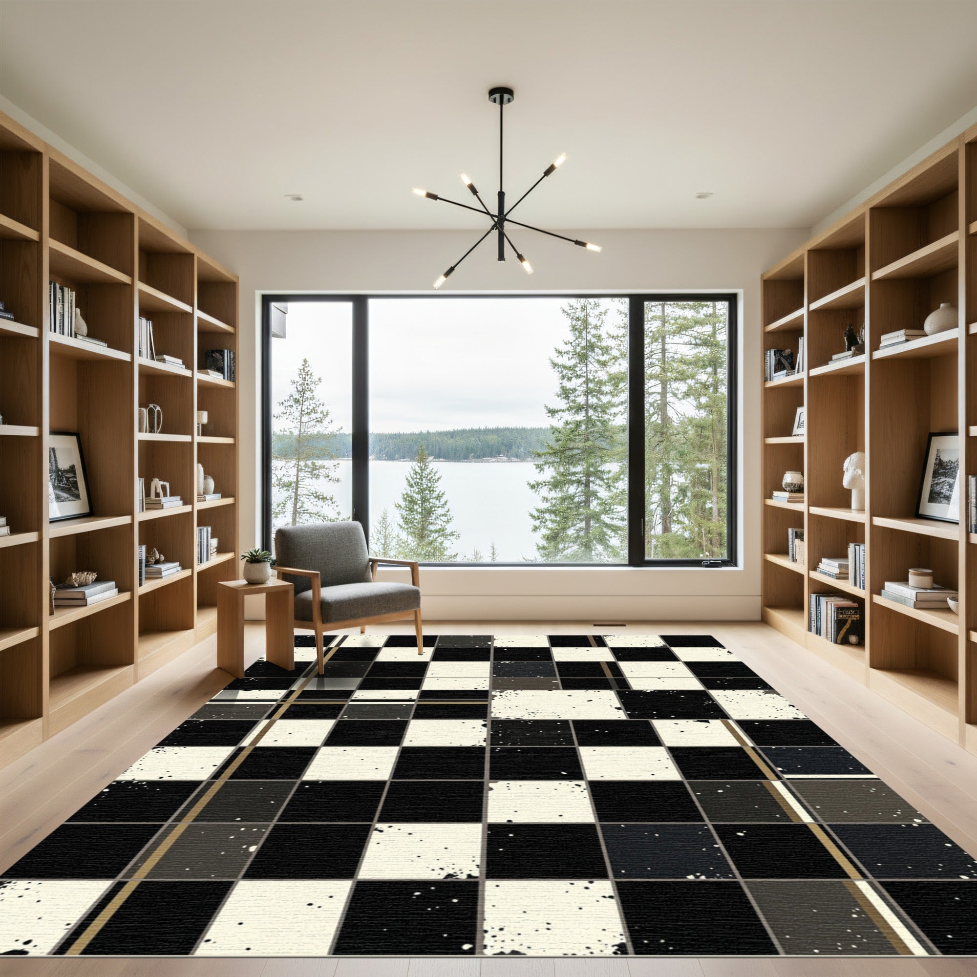 Monochrome Checkered Grid Speckled Area Rug