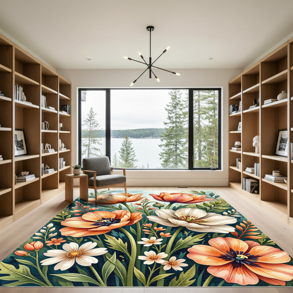 Vibrant Orange Poppy Meadow Watercolor Rug