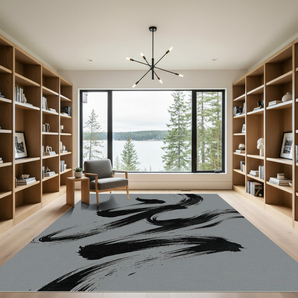 Minimalist Black Ink Zen Brushwork Rug