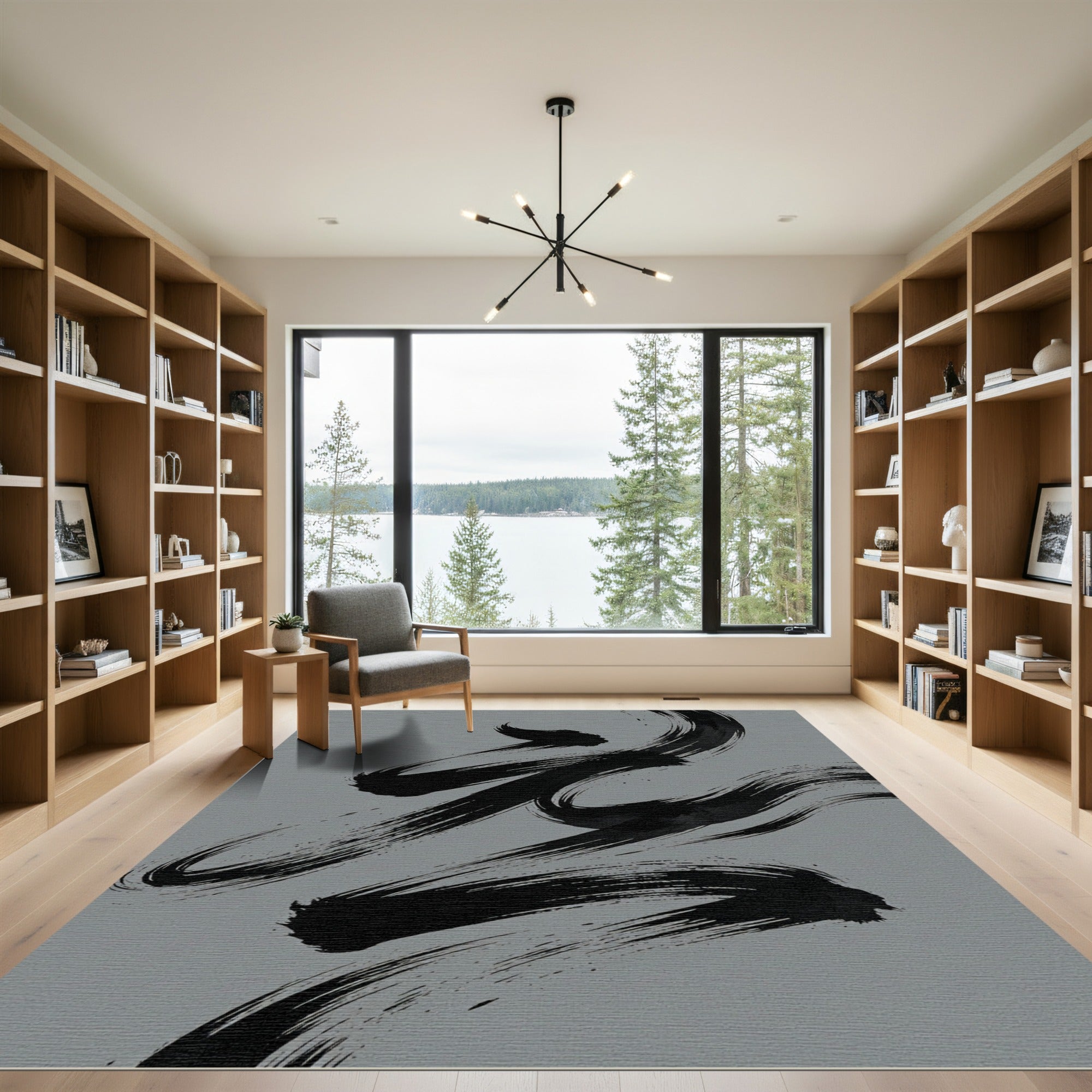 Minimalist Black Ink Zen Brushwork Rug