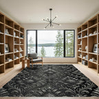 Elegant Silver Damask Charcoal Scroll Rug