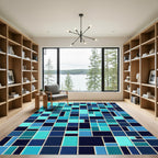 Geometric Aqua and Navy Mosaic Tile Rug