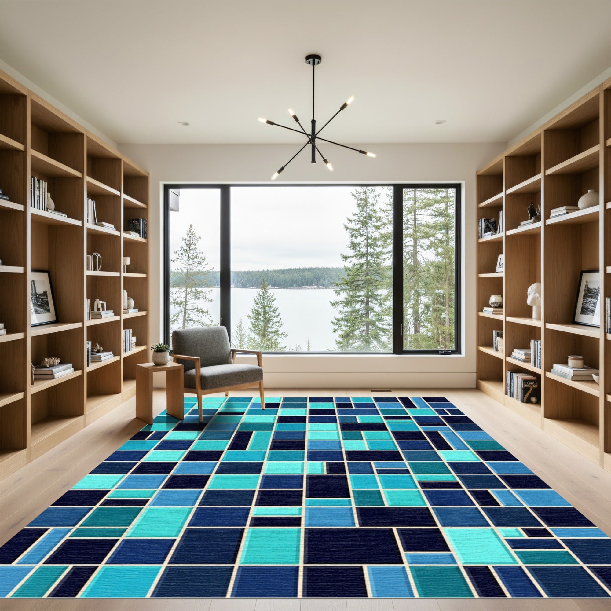 Geometric Aqua and Navy Mosaic Tile Rug