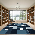Modern Navy Blue Geometric Block Composition Rug