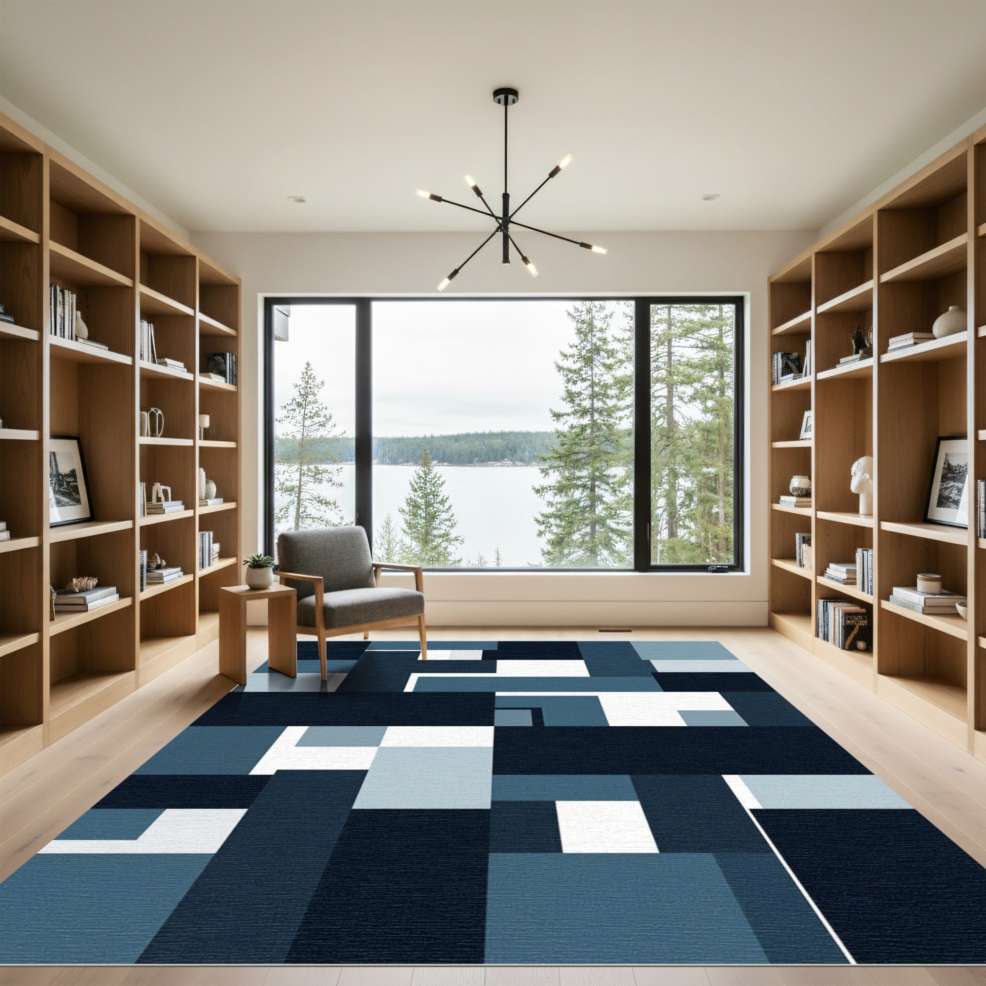 Modern Navy Blue Geometric Block Composition Rug
