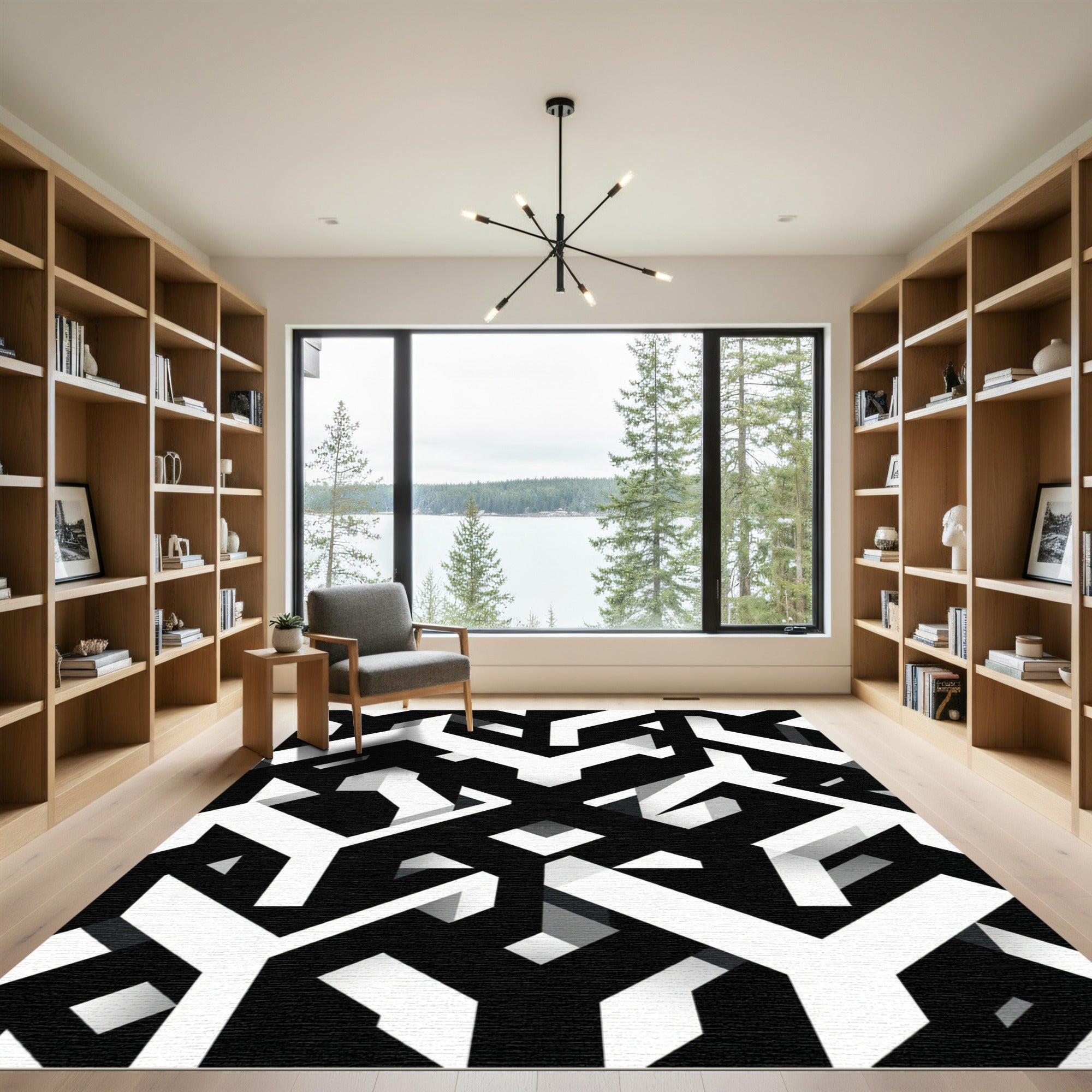 Monochrome Geometric Interlocking Abstract Lines Rug