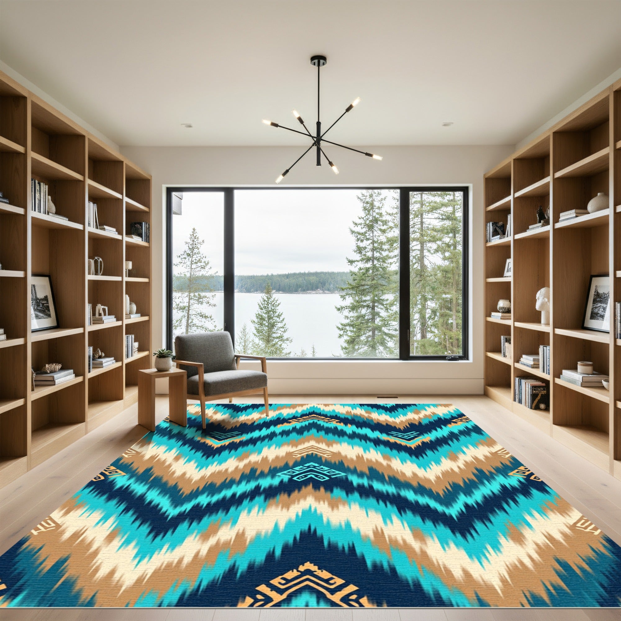 Teal Blue Chevron Earthy Ikat Rug
