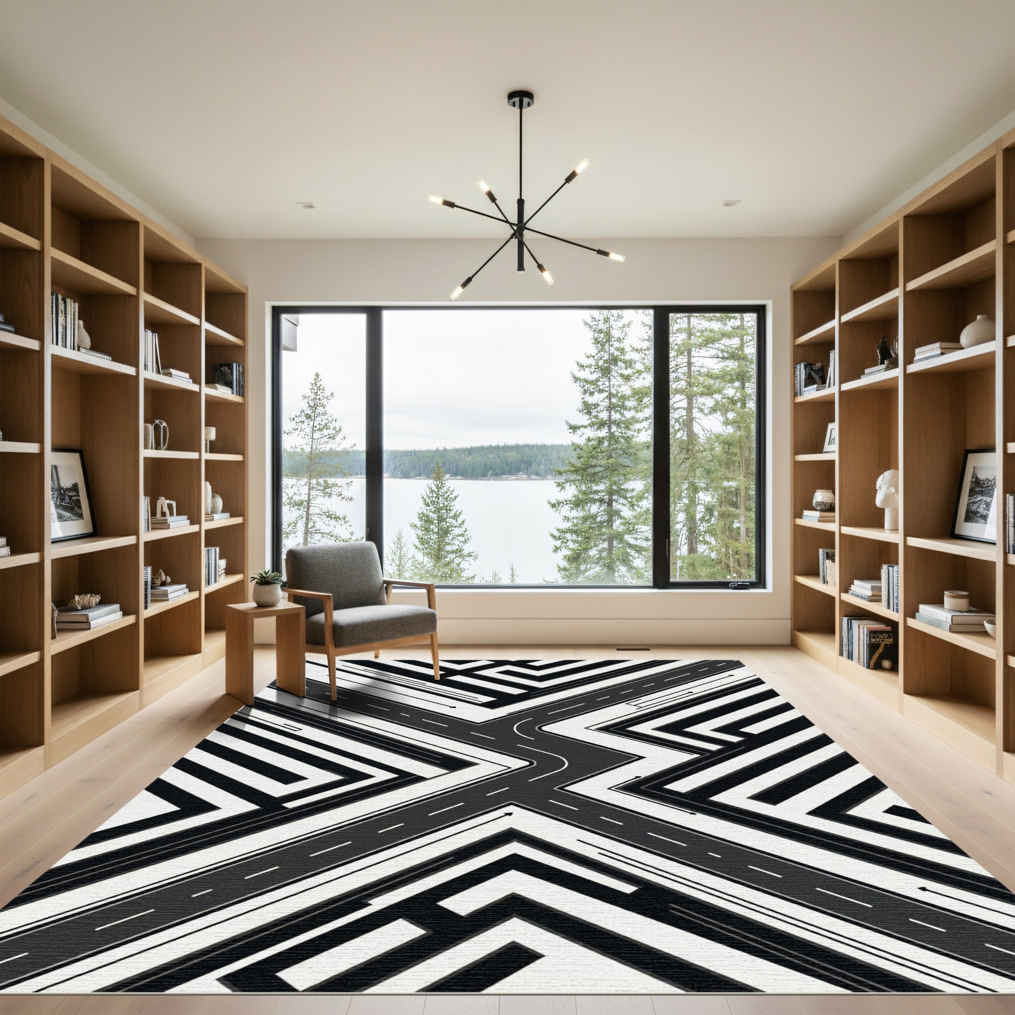 Monochrome Geometric Maze Abstract Road Rug