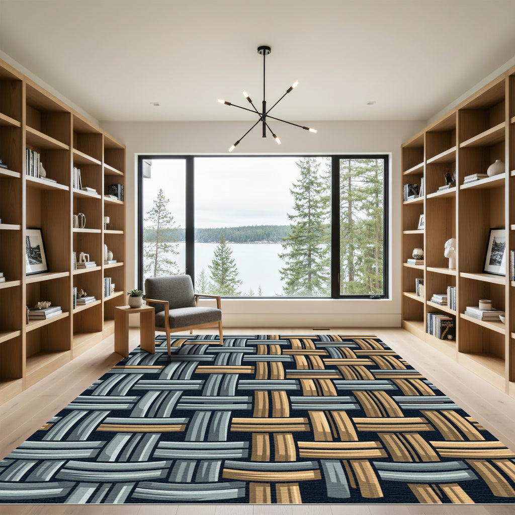 Woven Slate Blue and Tan Checkered Rug
