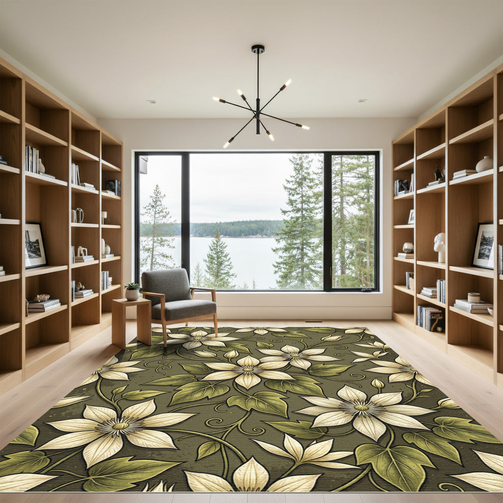 Elegant Olive Cream Clematis Floral Rug