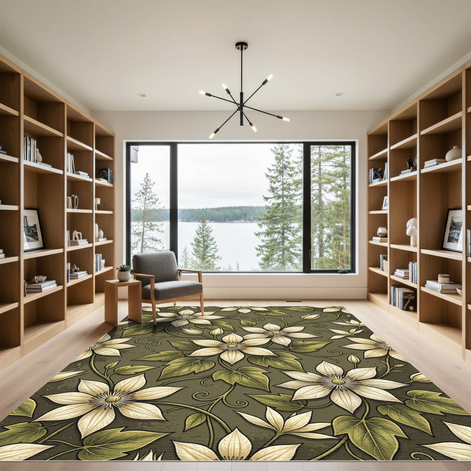 Elegant Olive Cream Clematis Floral Rug