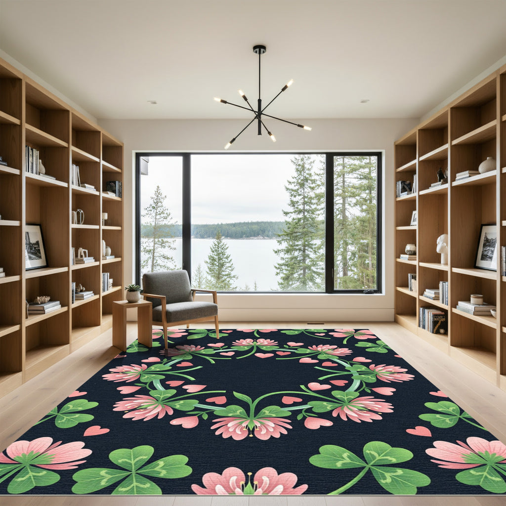 Pink Clover Hearts Floral Border Rug