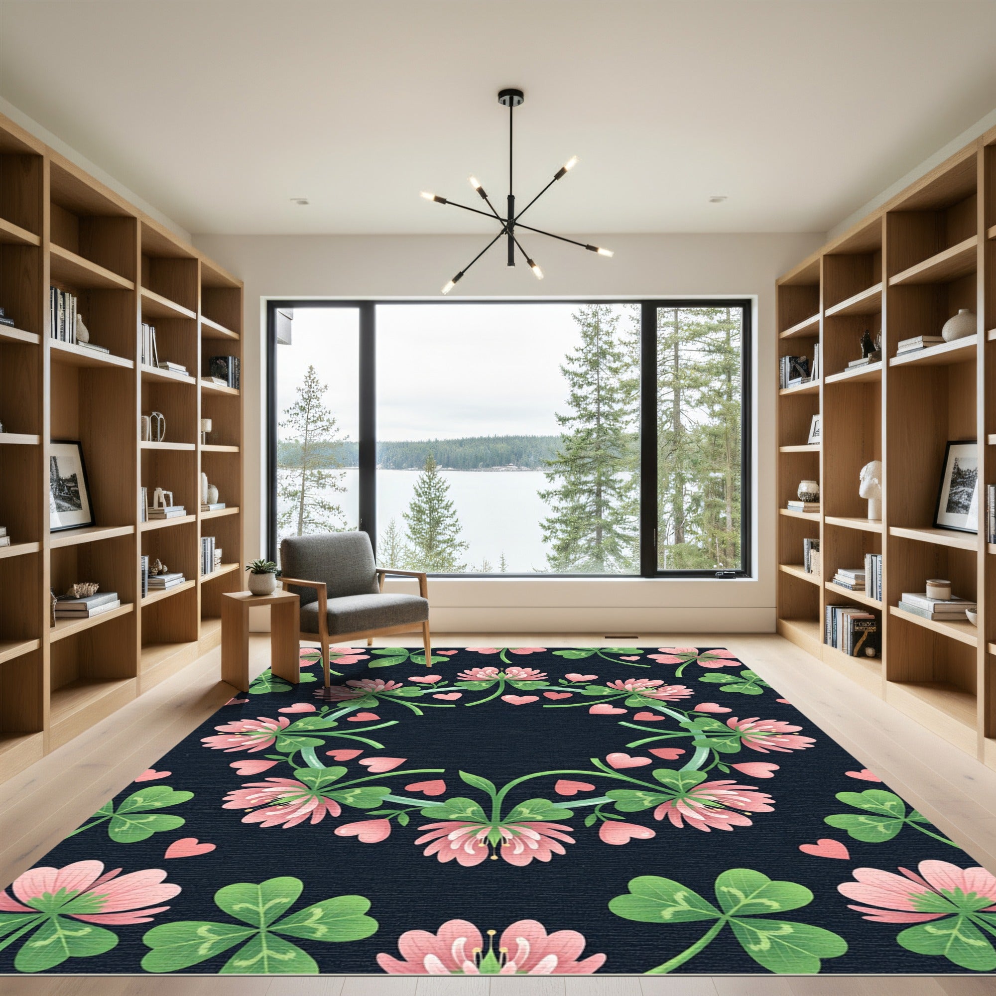 Pink Clover Hearts Floral Border Rug