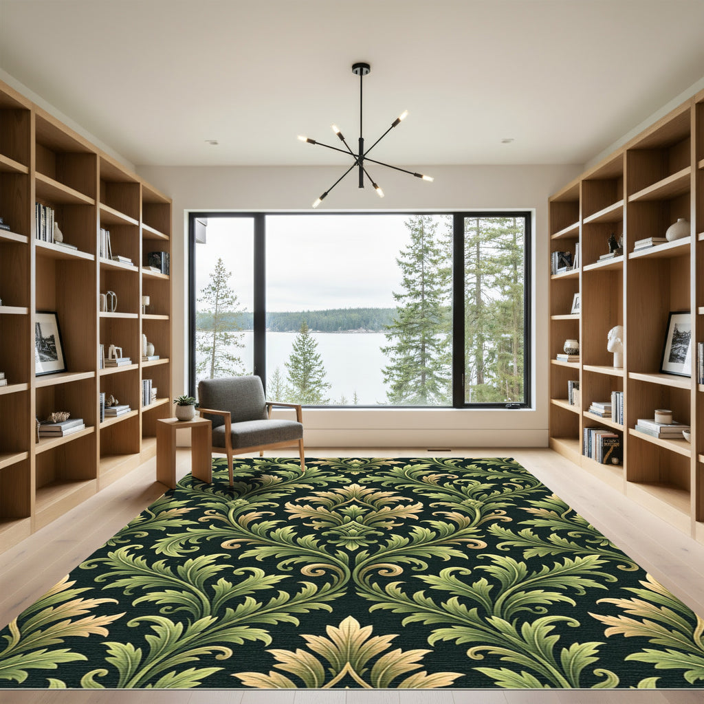 Damask Green Gold Leaf Scrollwork Rug