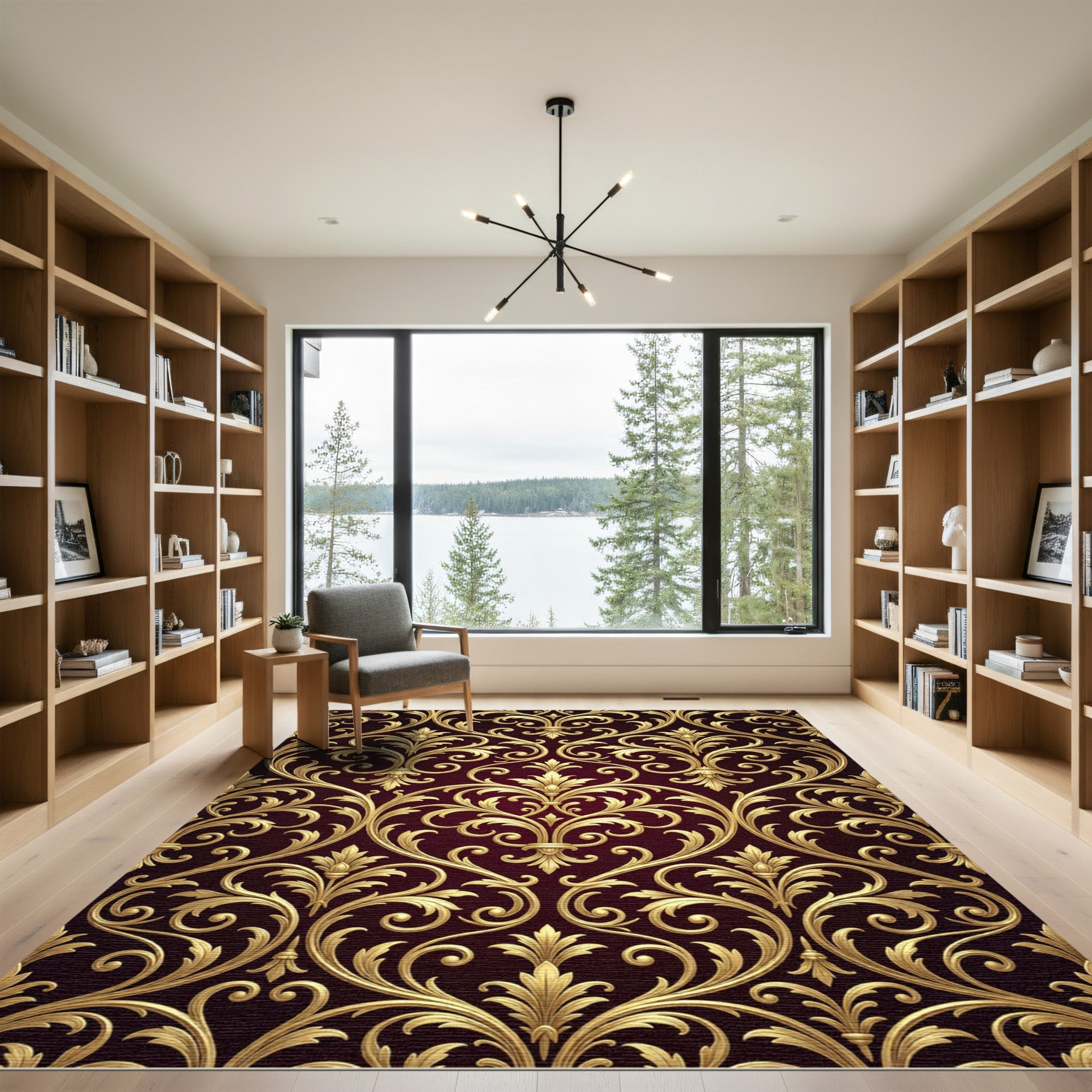 Ornate Gold Damask Burgundy Scrollwork Rug