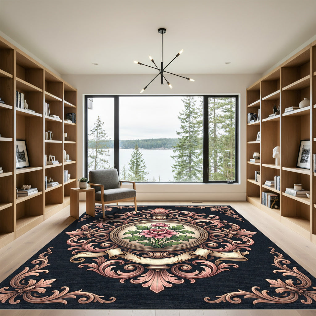 Ornate Pink Rose Baroque Medallion Rug