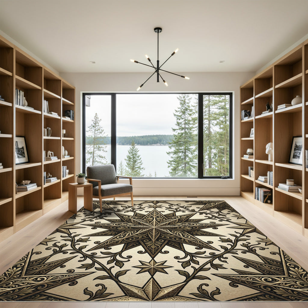 Ornate Golden Celestial Star Filigree Rug