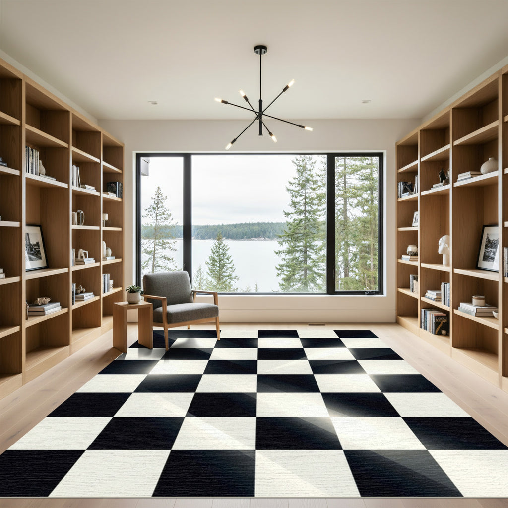 Bold Black White Checkered Surface Rug