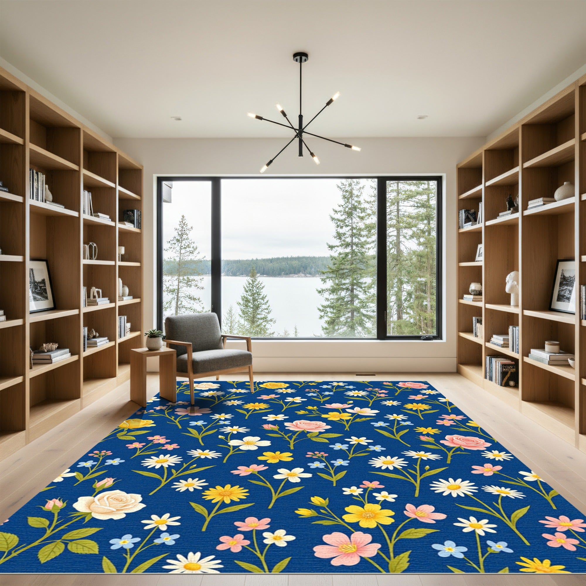 Whimsical Yellow Pink Daisy Rose Garden Rug