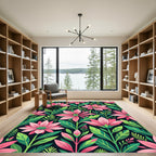 Vibrant Pink Floral Tropical Foliage Art Rug