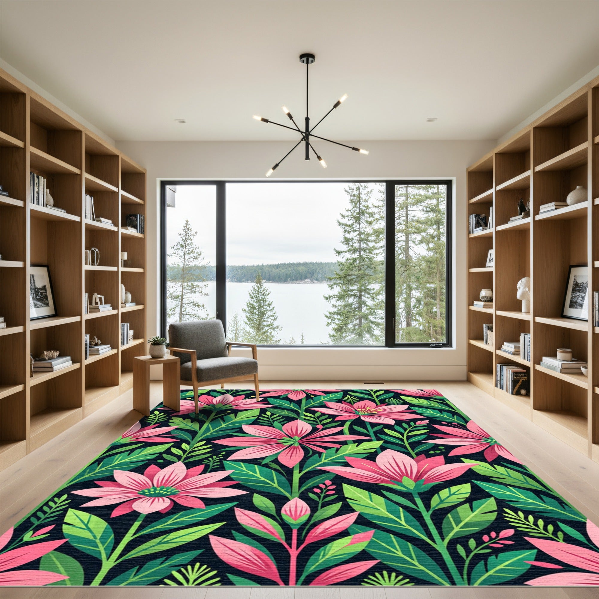 Vibrant Pink Floral Tropical Foliage Art Rug
