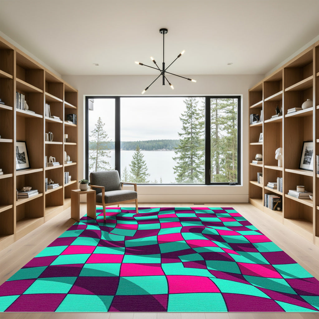 Vibrant Neon Wavy Checkered Warp Rug