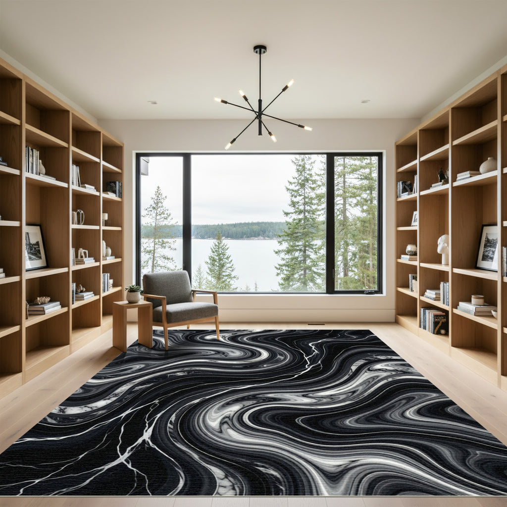Black White Swirling Marble Vein Rug