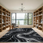 Black White Swirling Marble Vein Rug