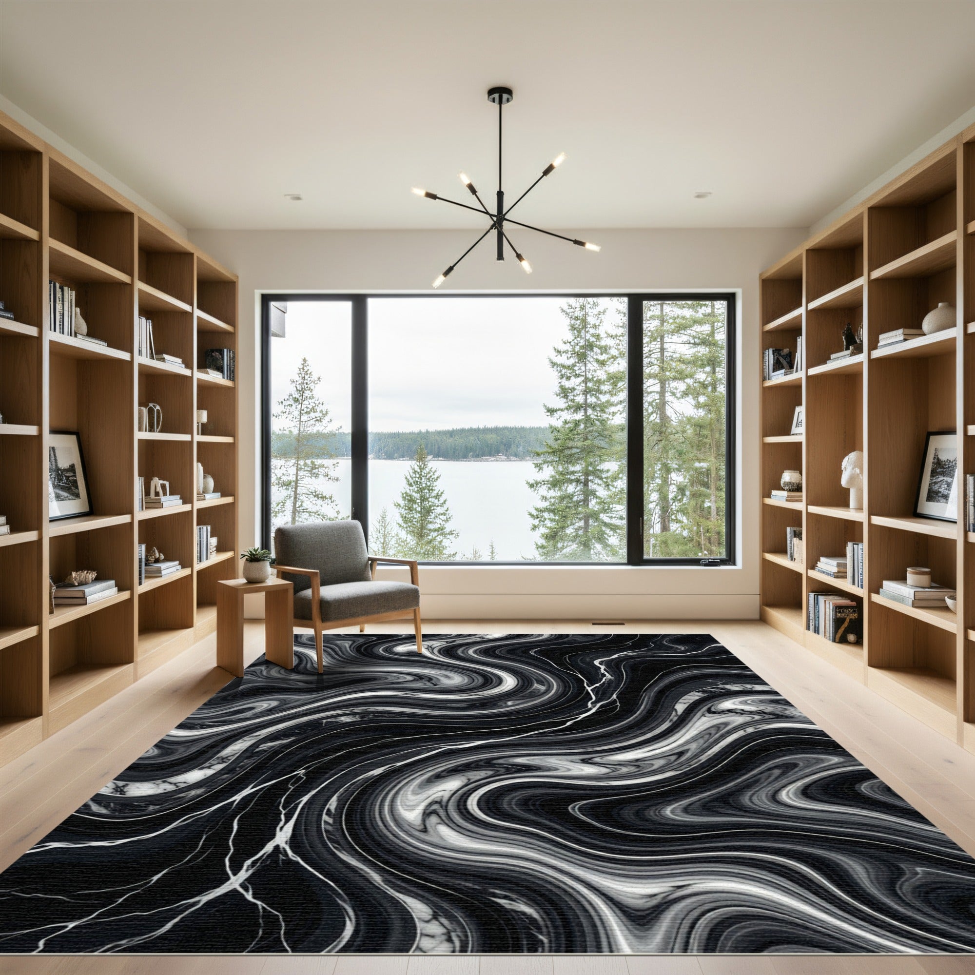 Black White Swirling Marble Vein Rug