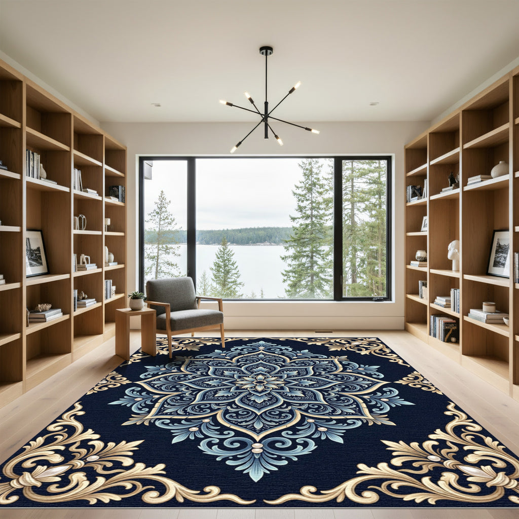 Navy Blue Golden Scroll Medallion Rug