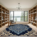Navy Blue Golden Scroll Medallion Rug
