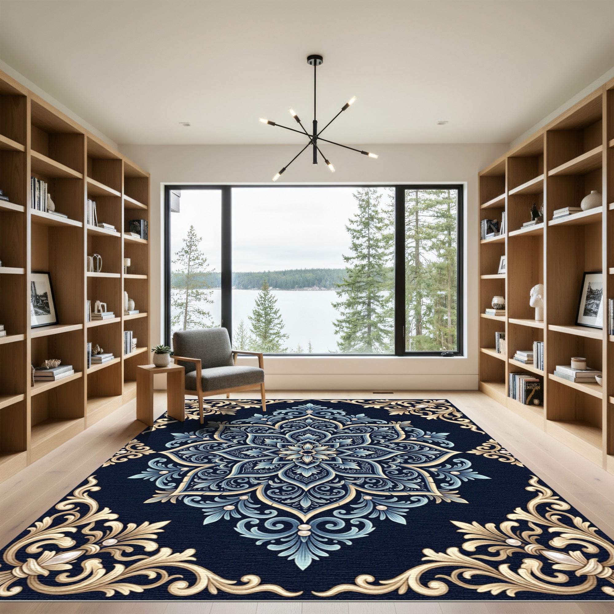 Navy Blue Golden Scroll Medallion Rug