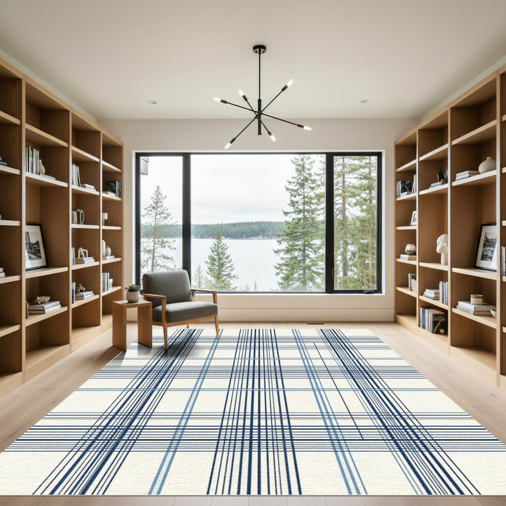 Classic Navy Blue Grid Tartan Rug