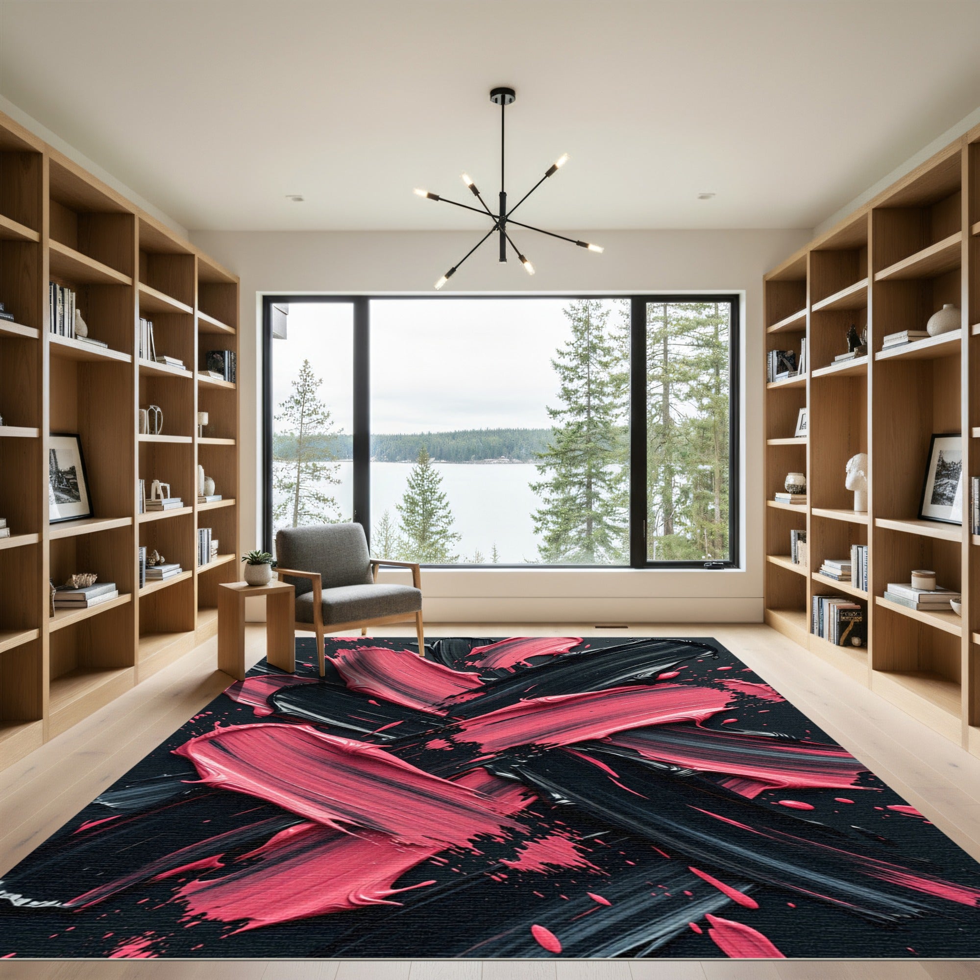 Bold Black and Pink Abstract Brushstroke Rug