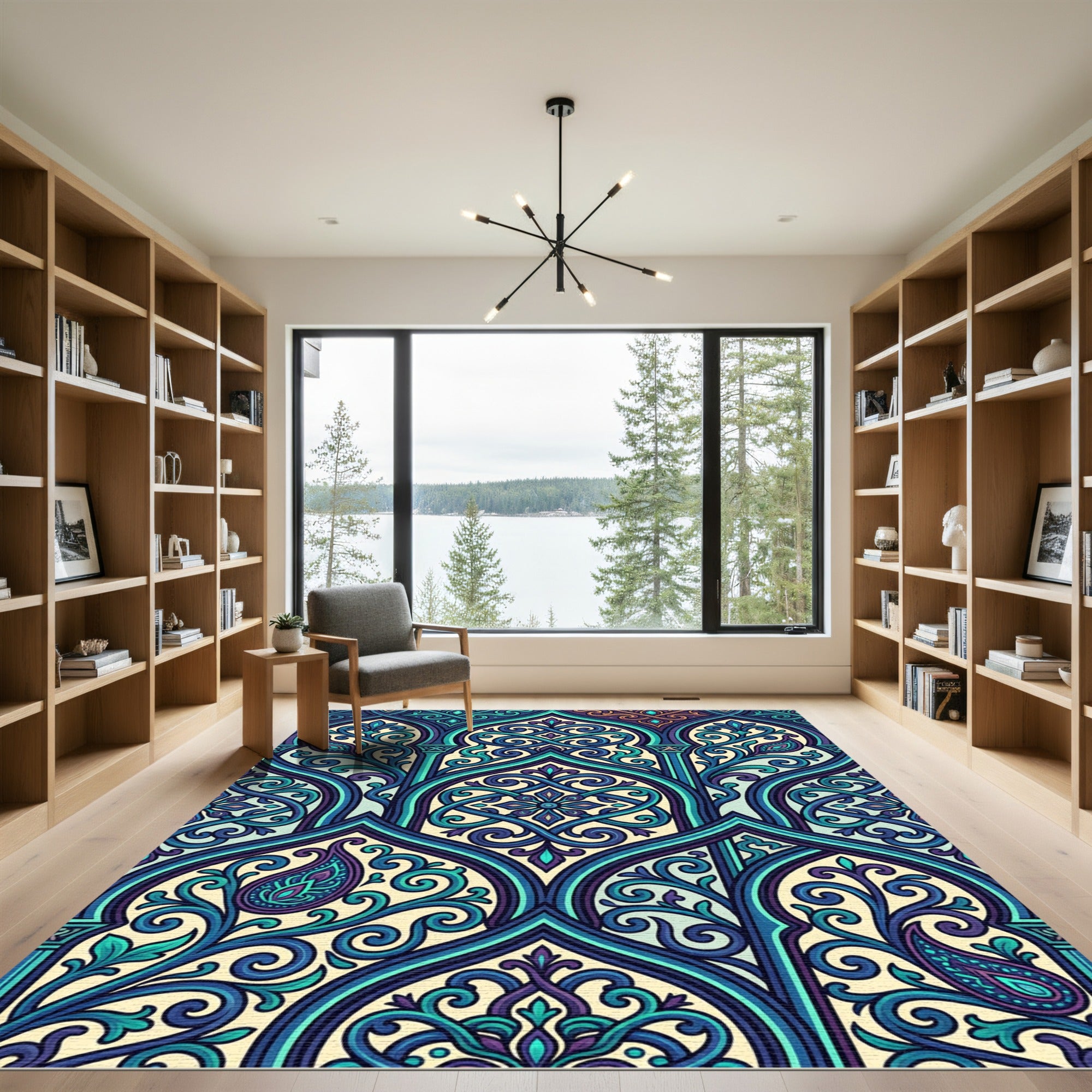Intricate Teal Blue Damask Archway Rug