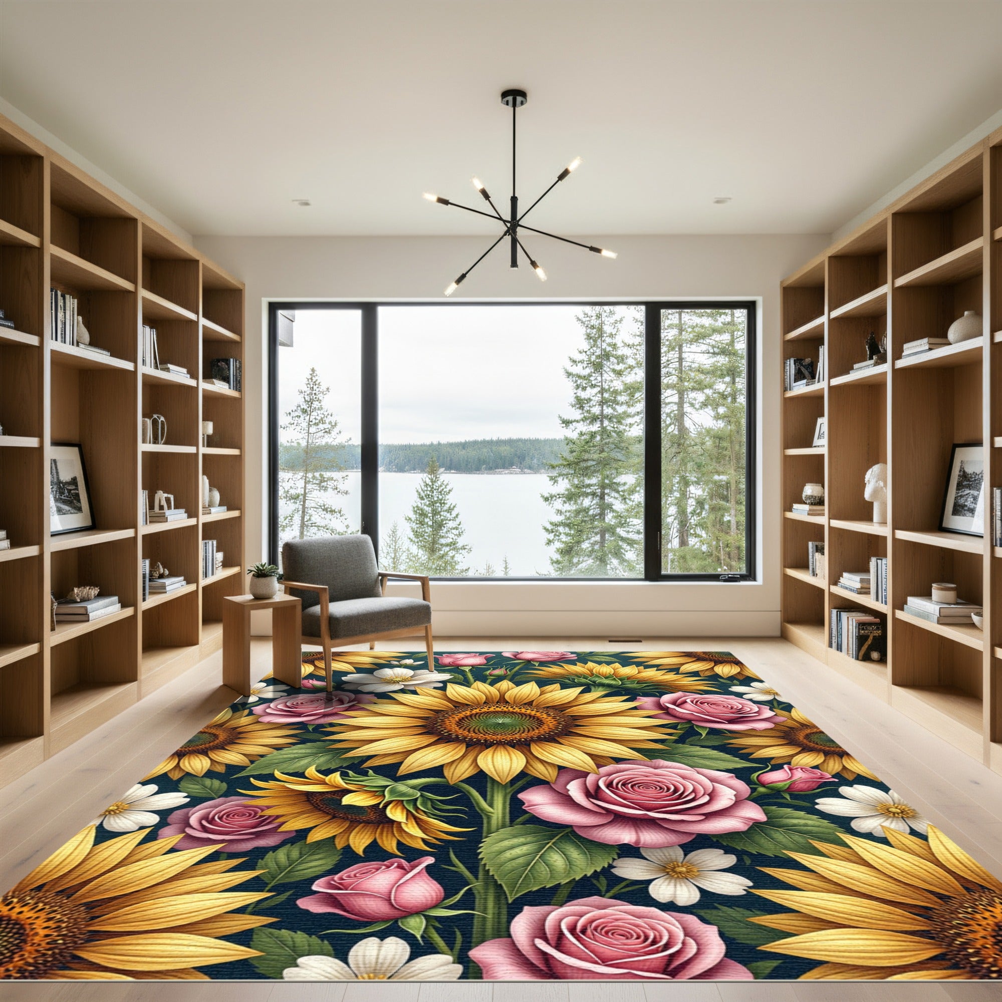 Sunflowers and Pink Roses Floral Botanical Rug