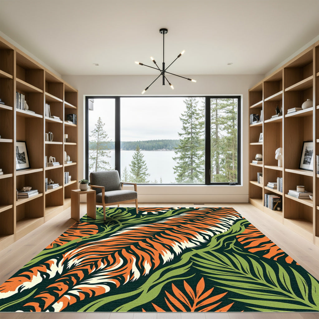 Vibrant Orange Tiger Jungle Foliage Rug