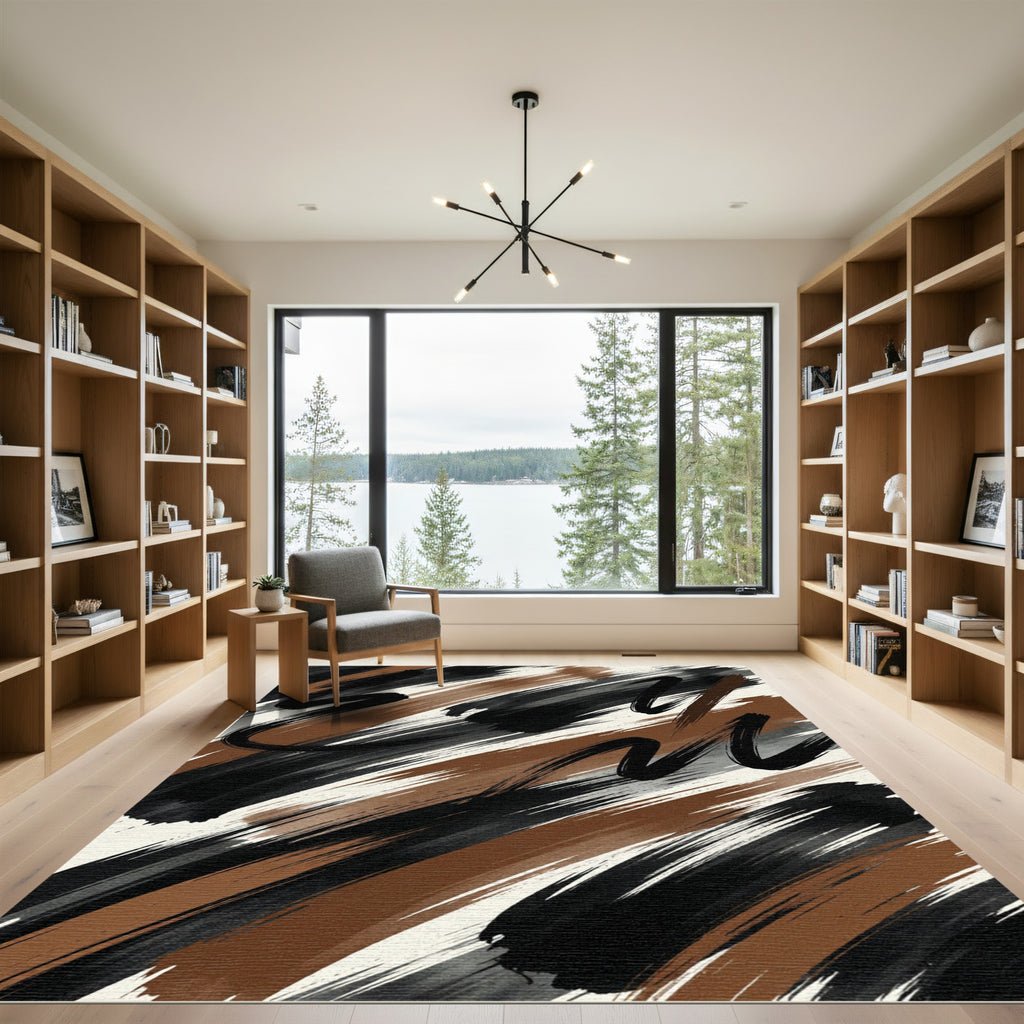 Abstract Black and Brown Brush Stroke Rug