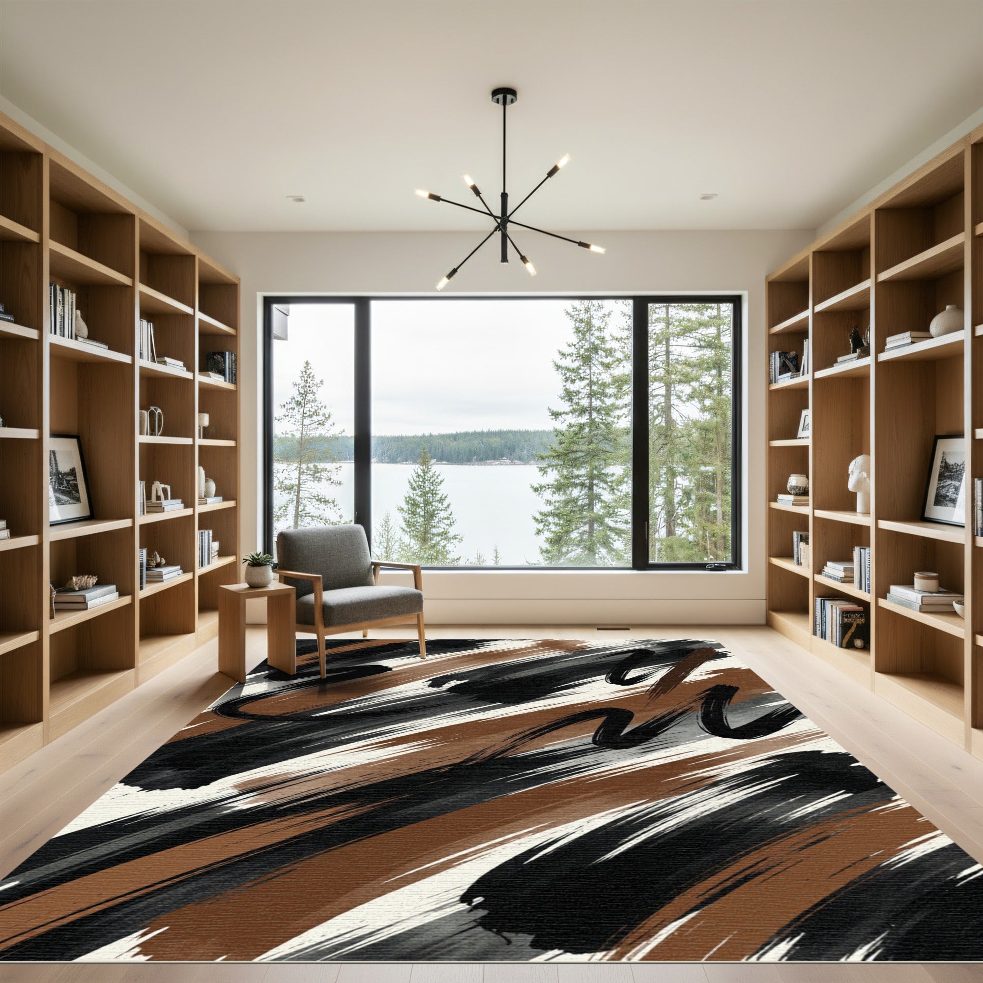 Abstract Black and Brown Brush Stroke Rug