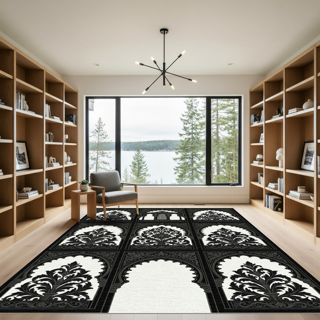 Black White Archway Arabesque Floral Rug