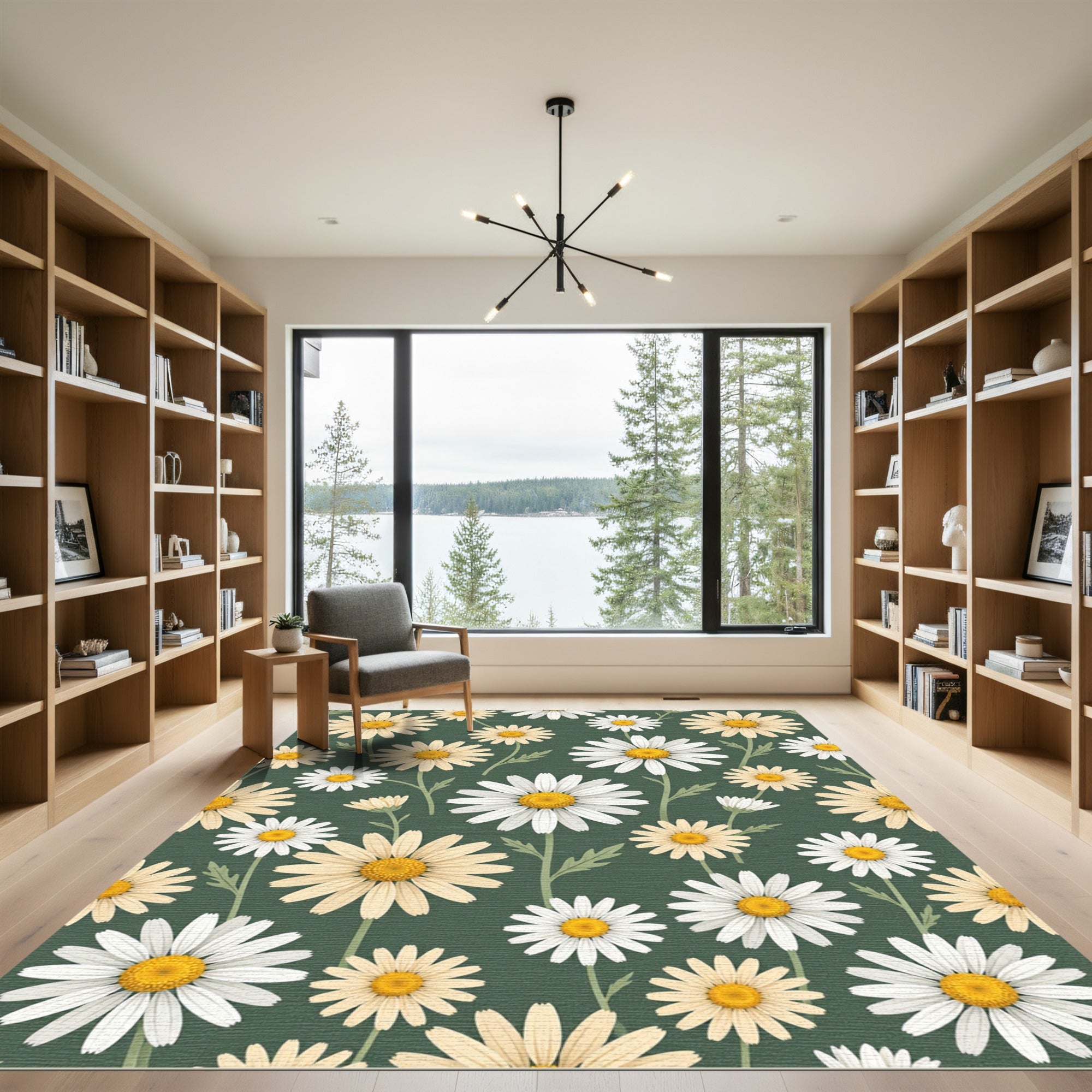 Soft White Daisy Floral Sage Green Rug