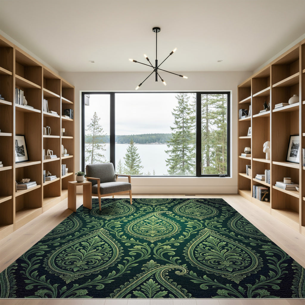 Emerald Green Ornate Paisley Scroll Rug