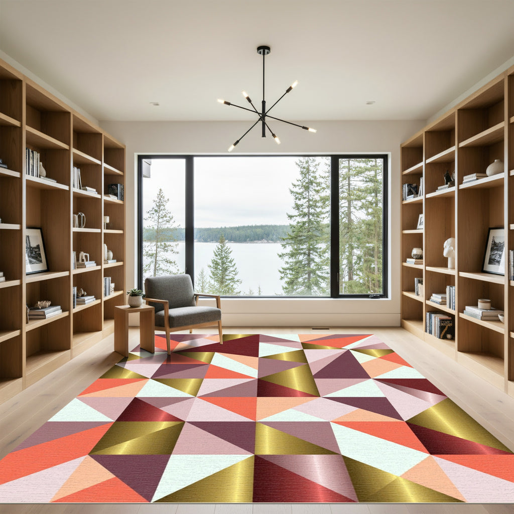 Geometric Golden Coral and Burgundy Triangle Rug